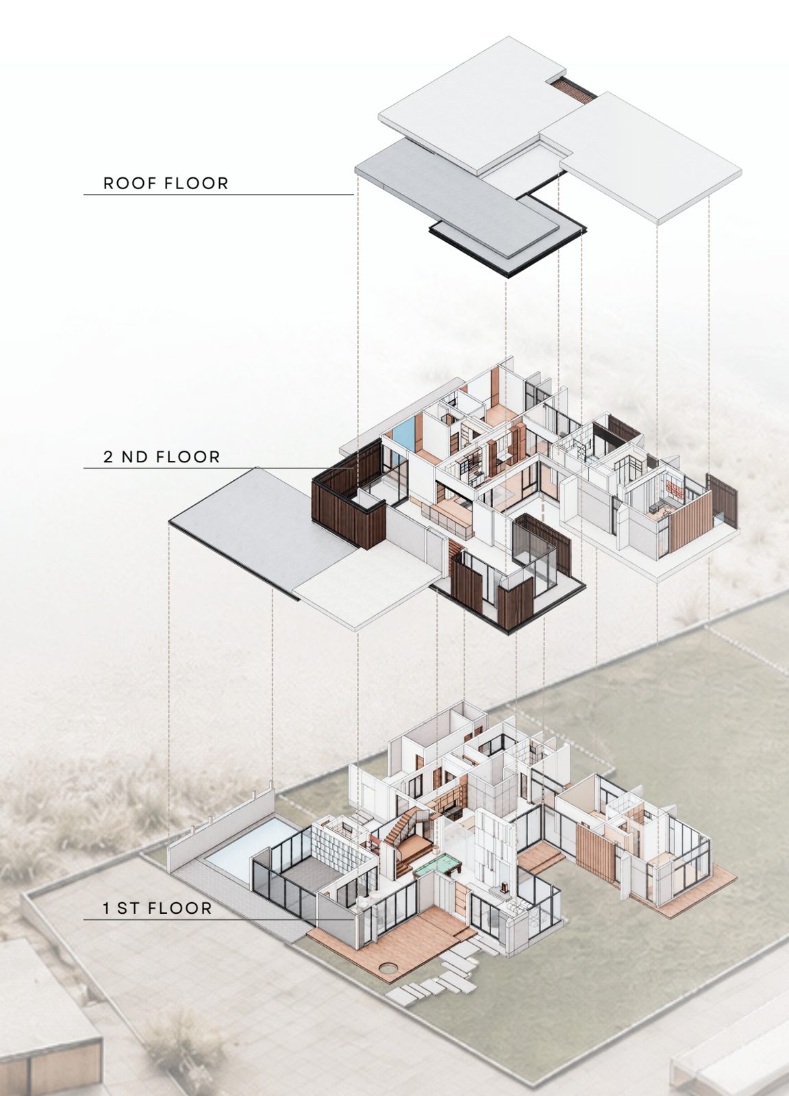 Exploded axonometric: 1st floor, 2nd floor, roof floor