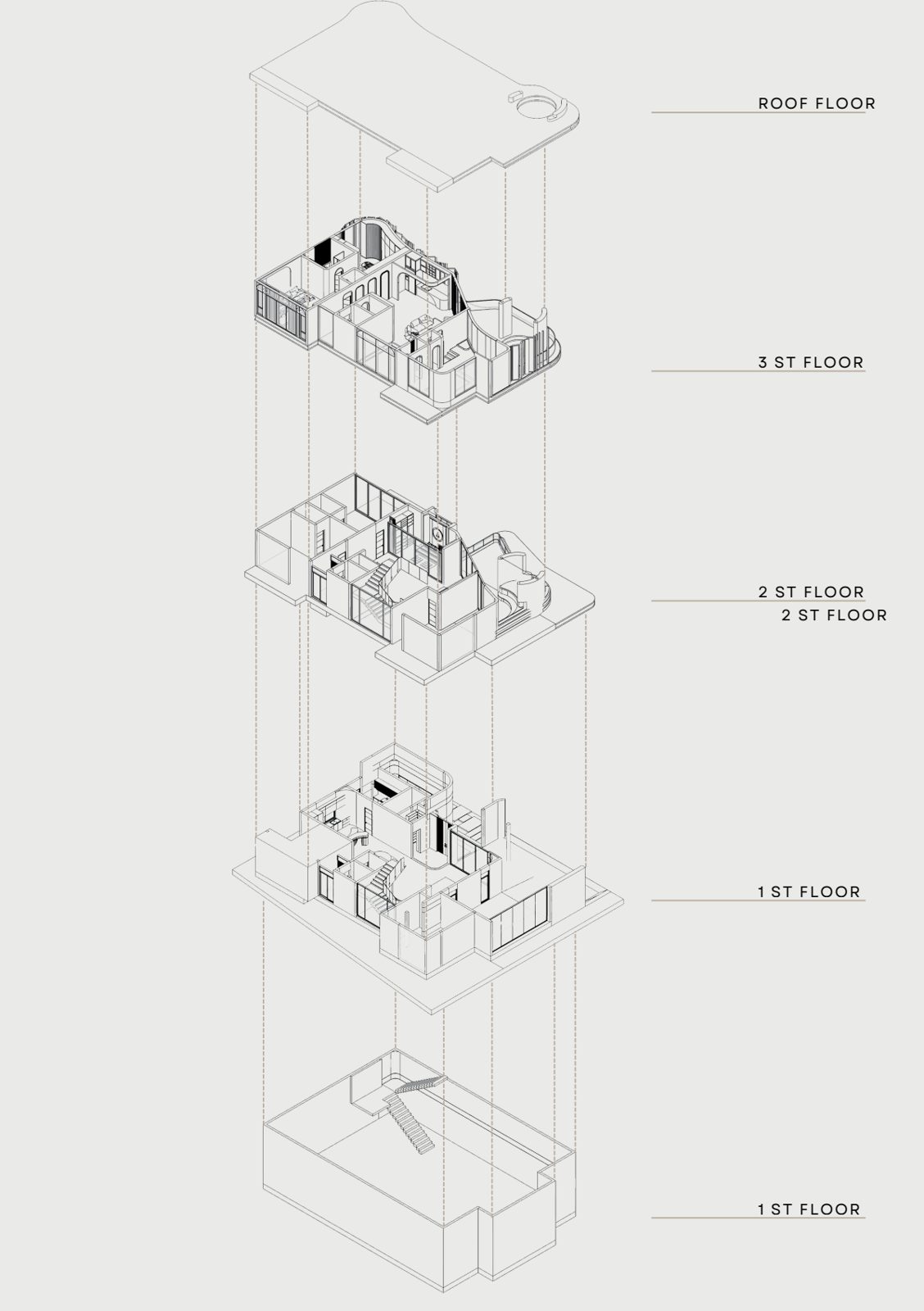 Exploded axonometric: 1st floor, 2nd floor, roof floor