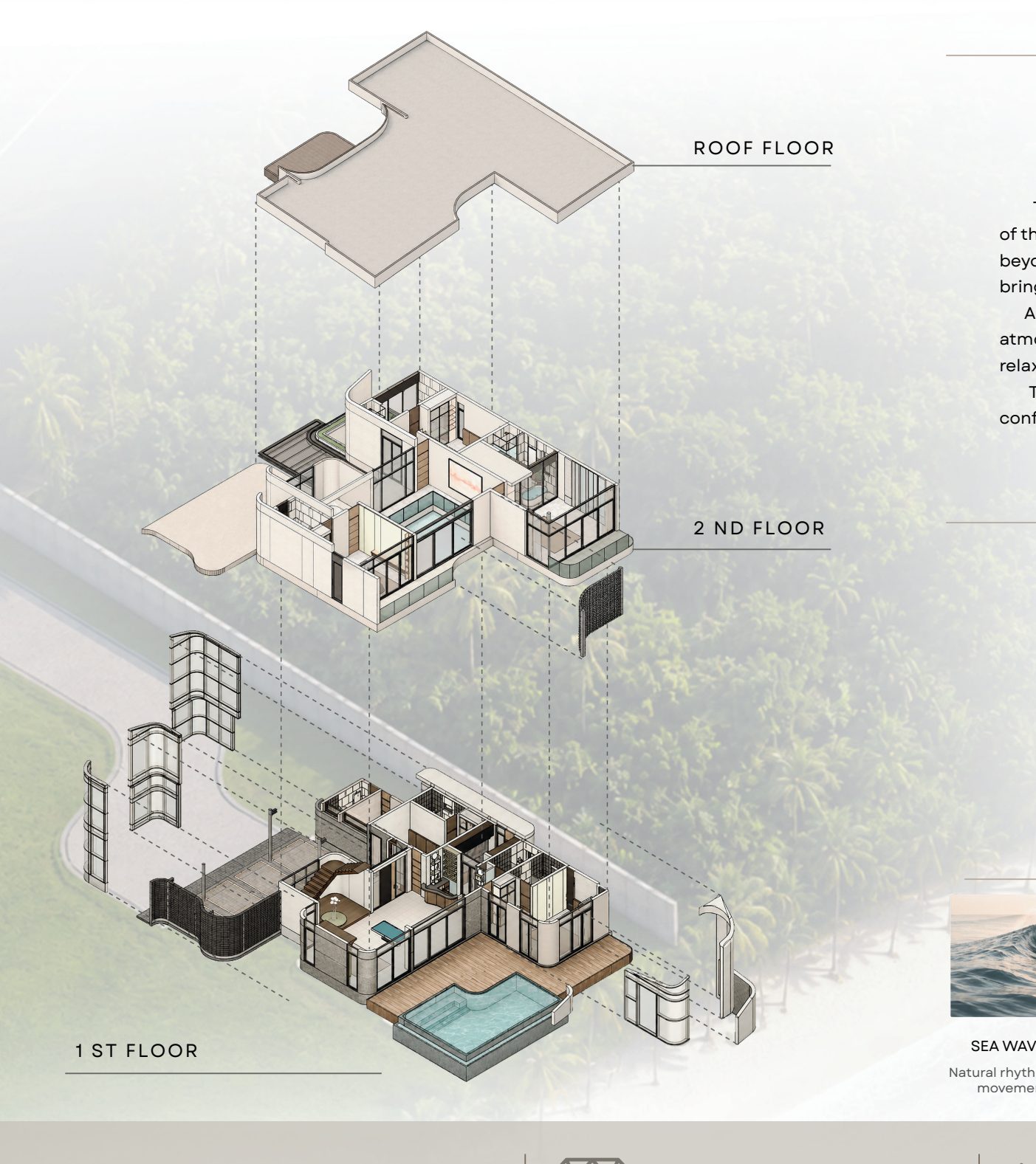 Exploded axonometric: 1st floor, 2nd floor, roof floor