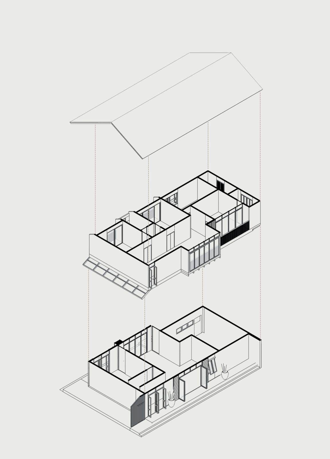 Exploded axonometric: 1st floor, 2nd floor, roof floor