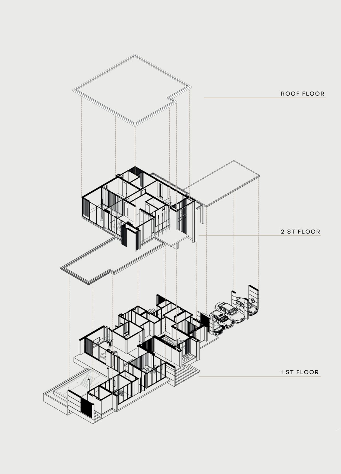 Exploded axonometric: 1st floor, 2nd floor, roof floor