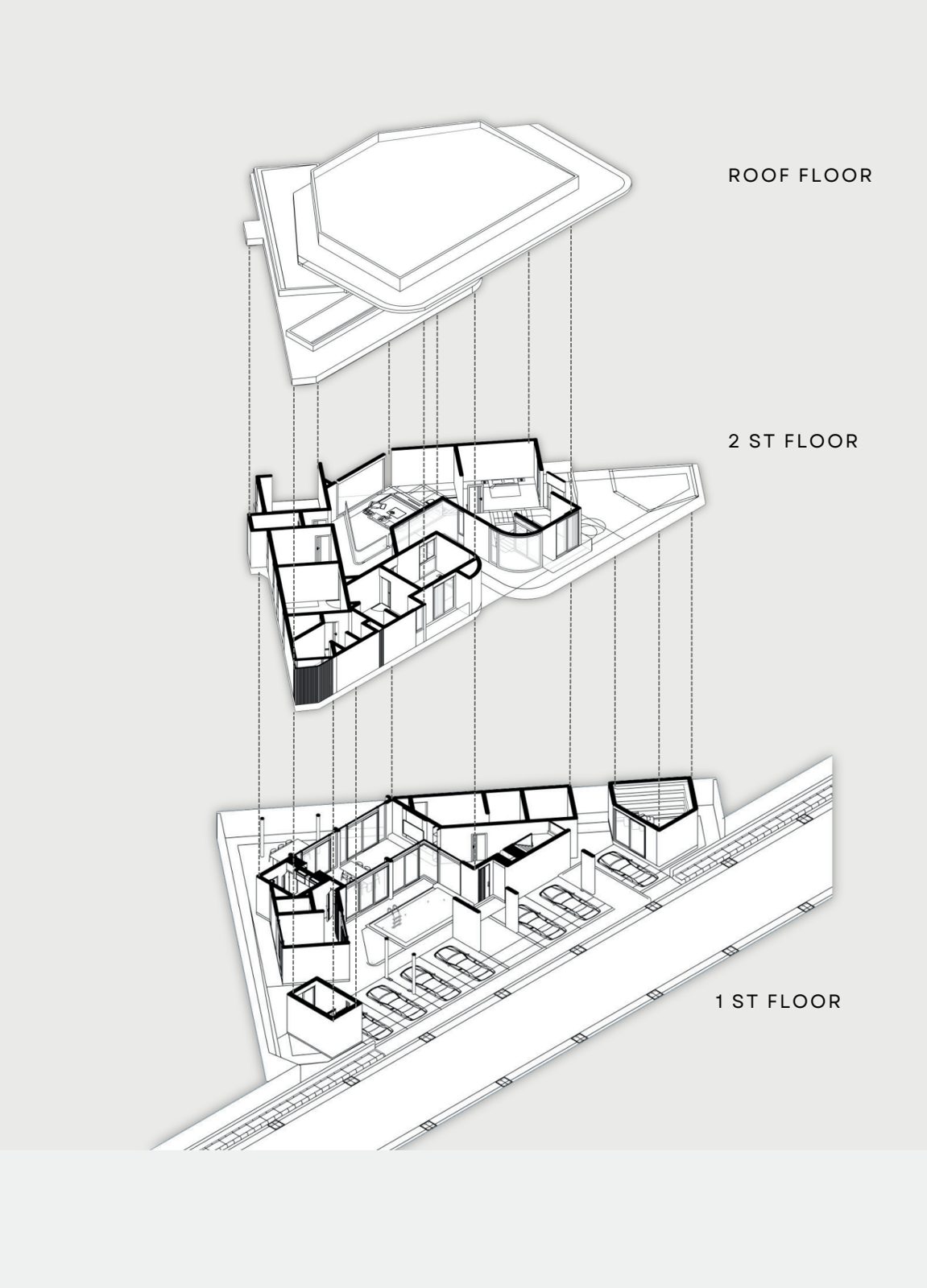 Exploded axonometric: 1st floor, 2nd floor, roof floor