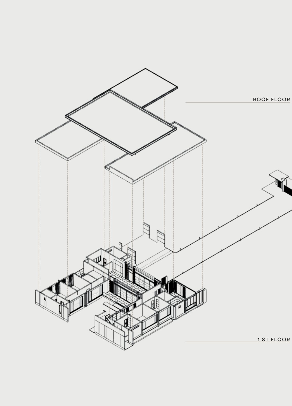Exploded axonometric: 1st floor, 2nd floor, roof floor