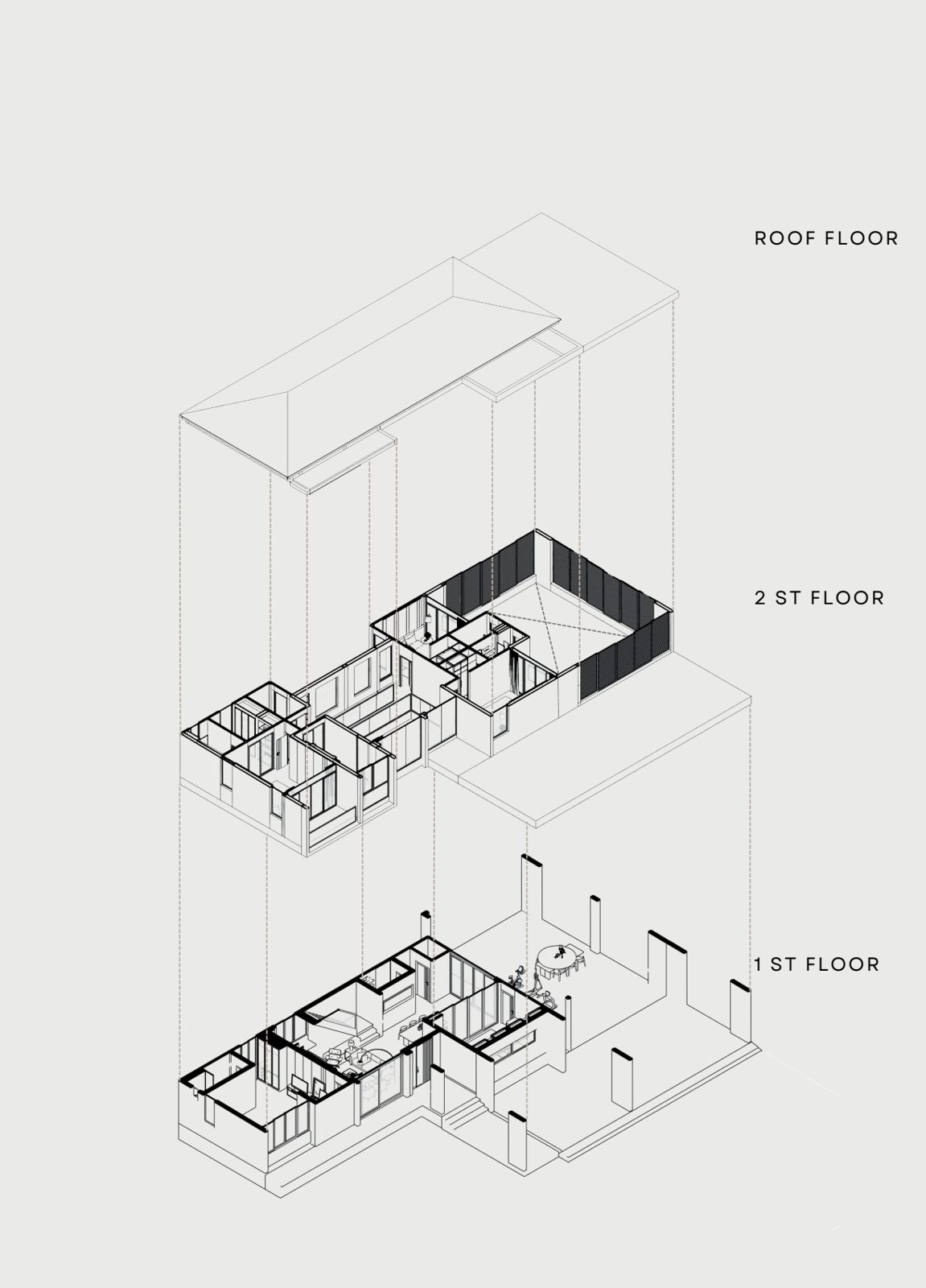 Exploded axonometric: 1st floor, 2nd floor, roof floor