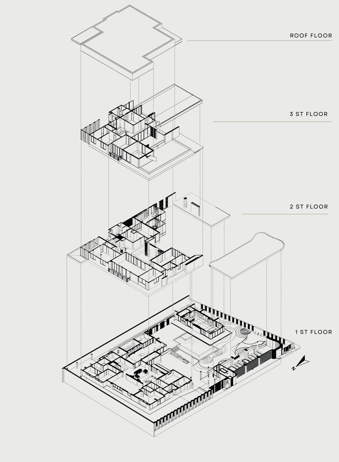 Exploded axonometric: 1st floor, 2nd floor, roof floor