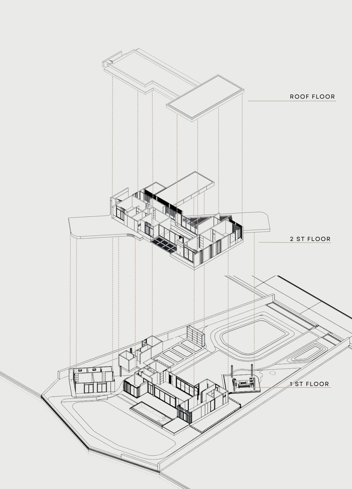 Exploded axonometric: 1st floor, 2nd floor, roof floor