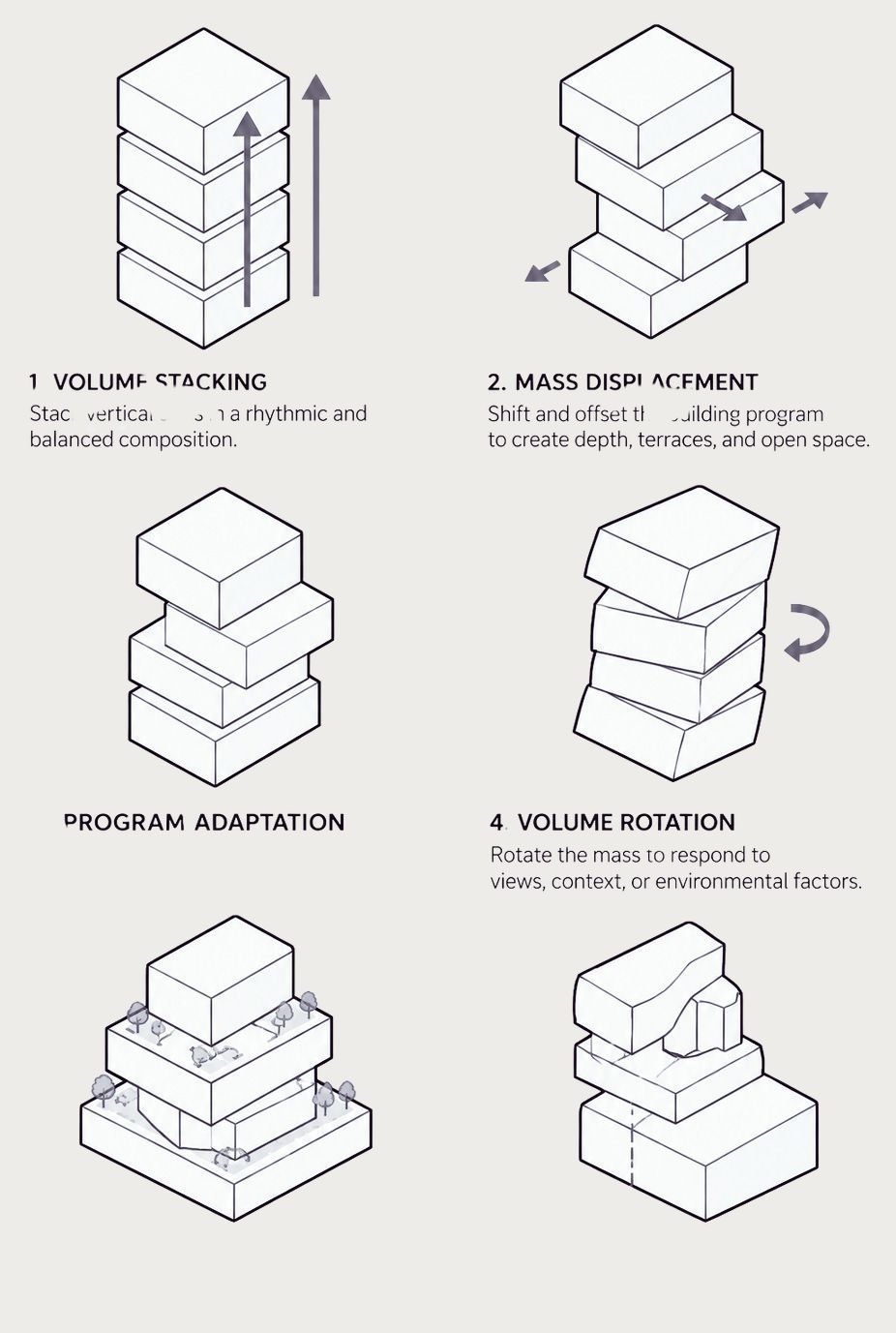 Form inspiration: volume stacking, mass displacement, program adaptation, volume rotation, terrace & landscape, final form