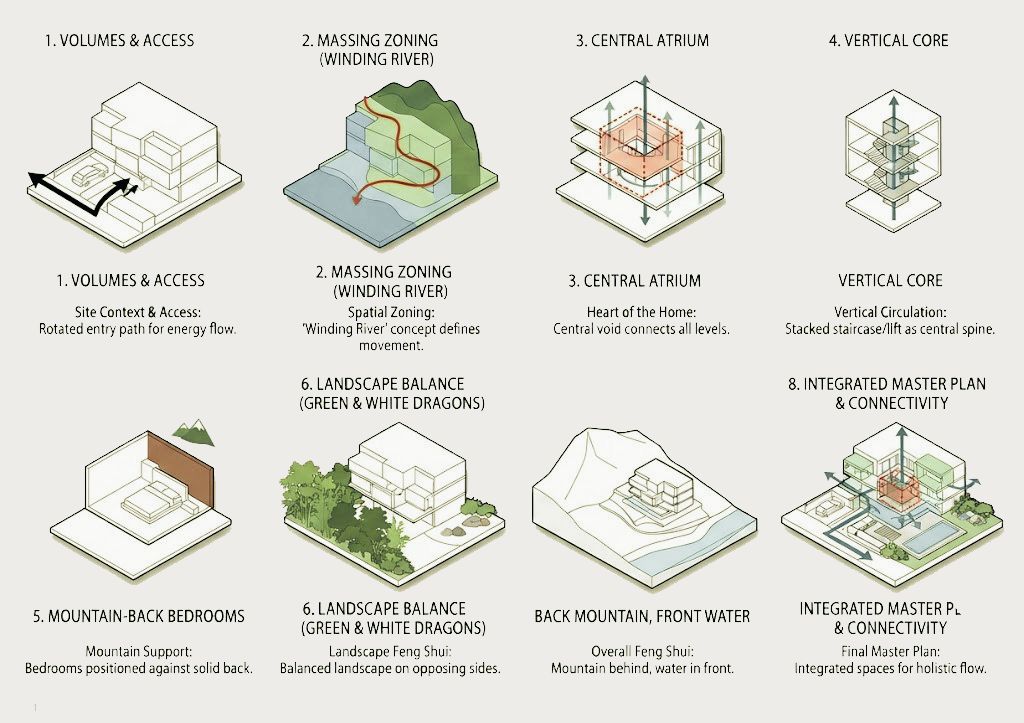 Design process diagram: volumes & access, massing zoning, central atrium, vertical core, mountain-back bedrooms, landscape balance, back mountain front water, integrated master plan